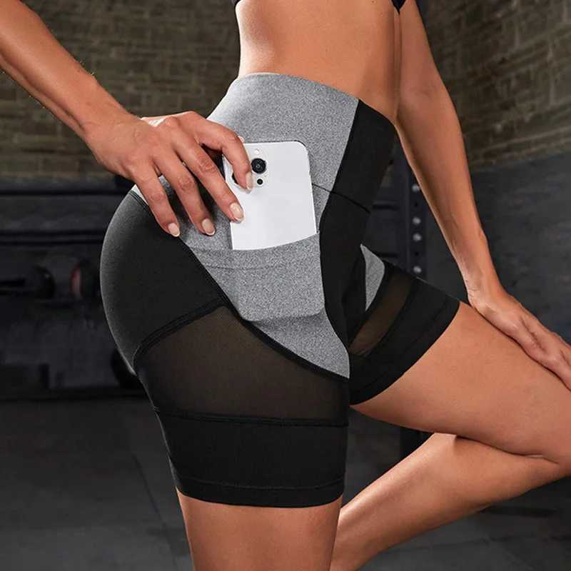Colorful block high waisted yoga shorts with pockets womens abdominal folding sports shorts Y250412