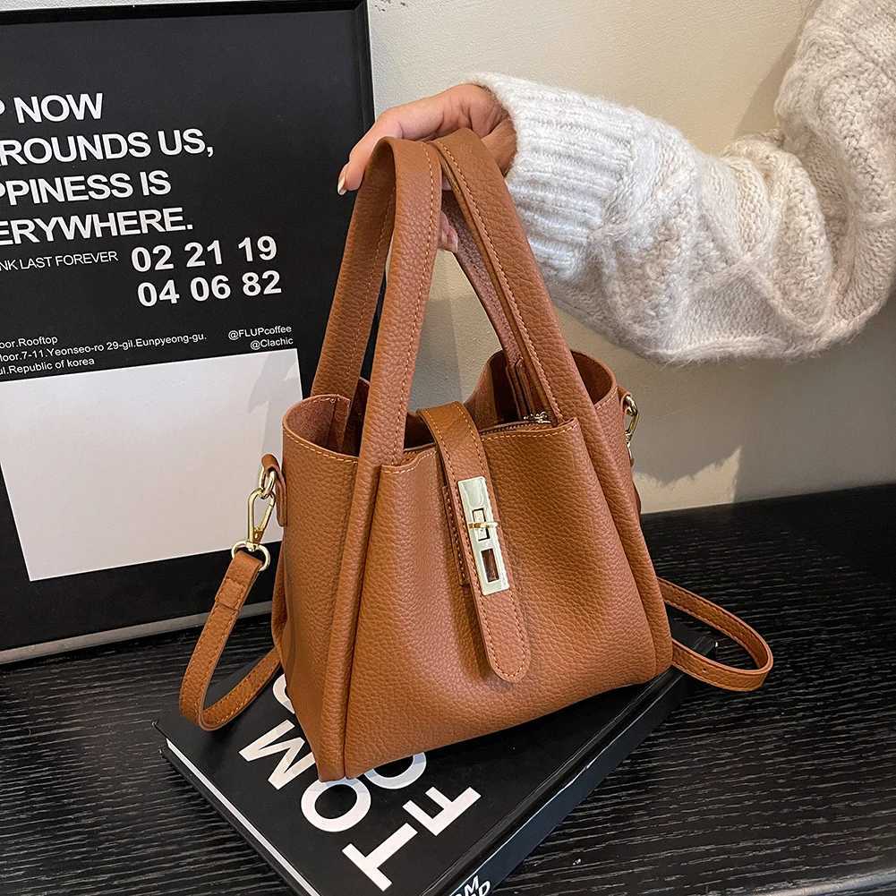 2024 Trend Womens PU Leather Handbag with Inner Bag Magnetic Lock Bucket Bag Double Handle Solid Cross Shoulder BagXJ250412