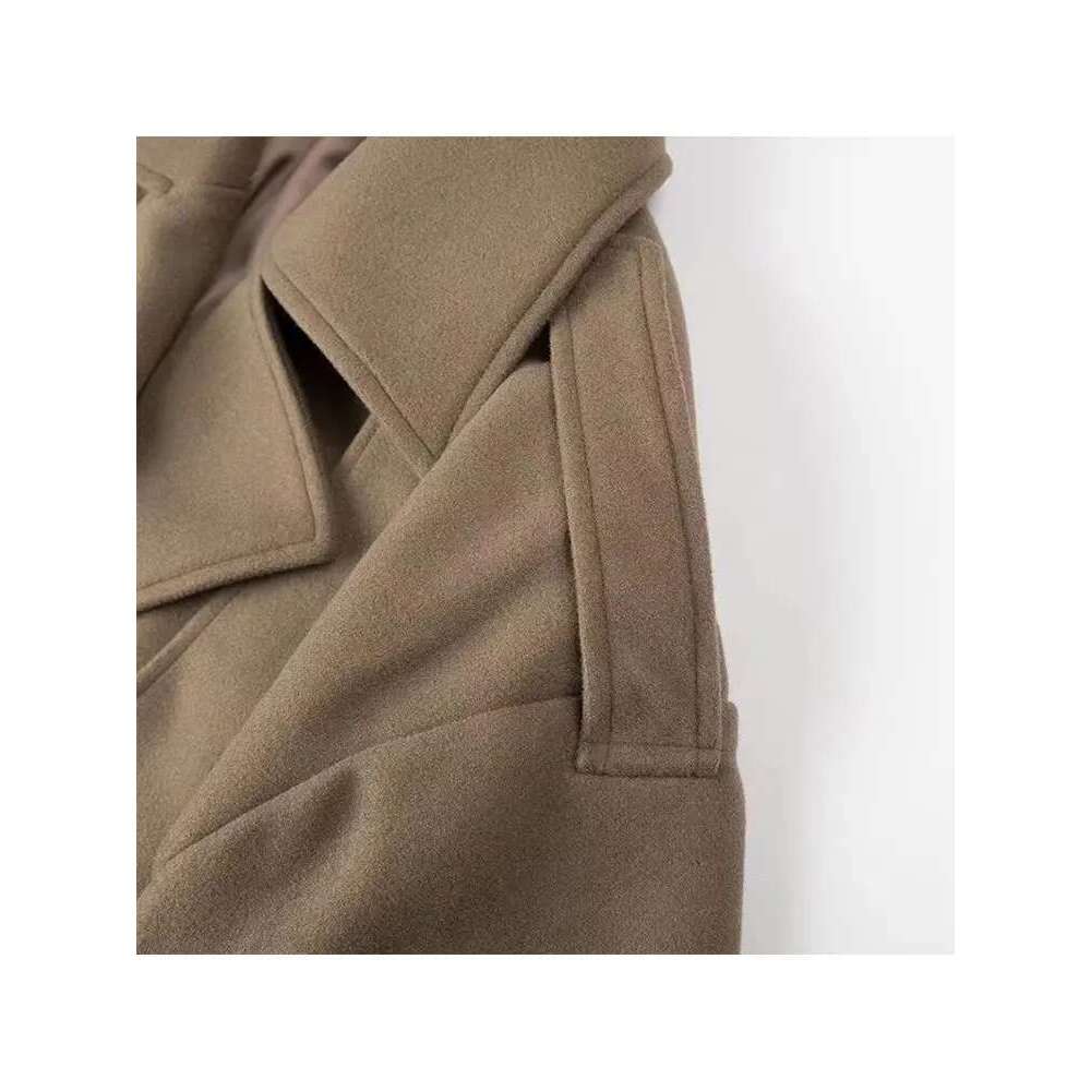 TRAFZA Fashion Vintage New Women Casual Outerwear Long Sleeve Belt Decoration Loose Lapel Woolen Coat Button-Up Chic Tops