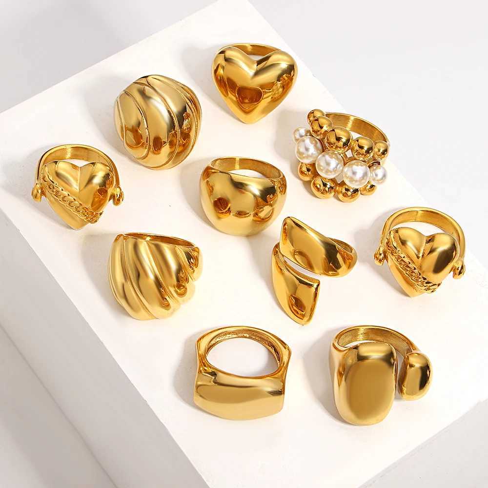 Large size 7/8/9 womens ring fashionable and personalized heart chain pattern wave gold stainless steel charm jewelryXJ250412