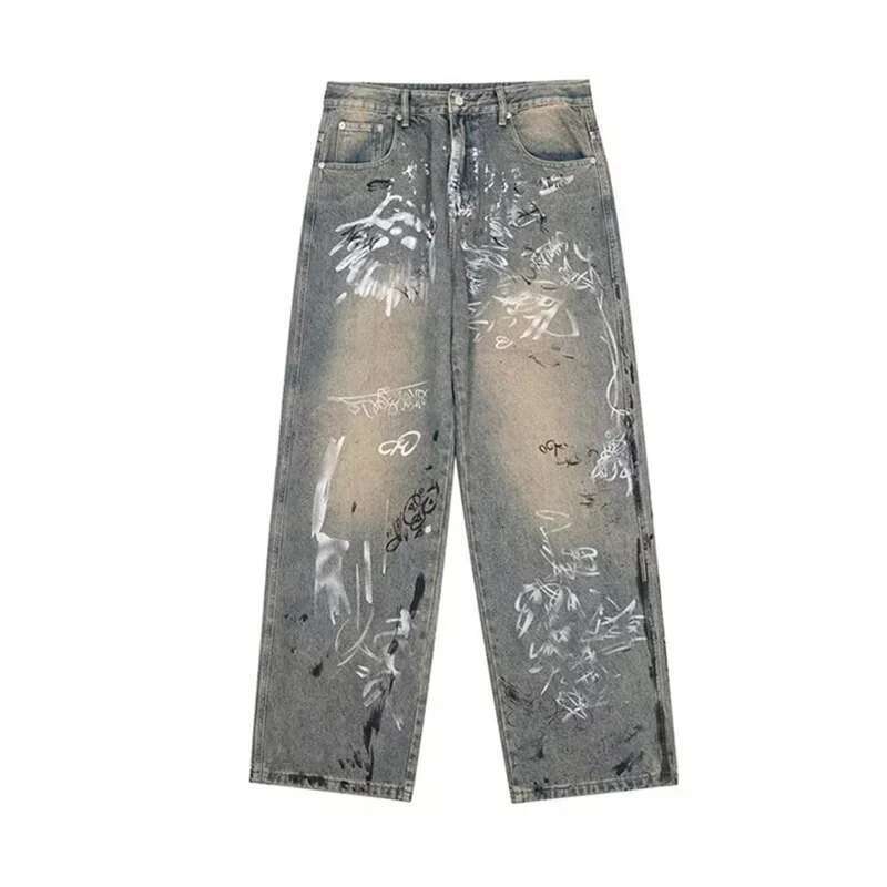 New Graffiti Printed Baggy Jeans For Men Y2K Vintage Distressed Blue Haruku Denim Pants High Street Straight-leg Jean Trousers