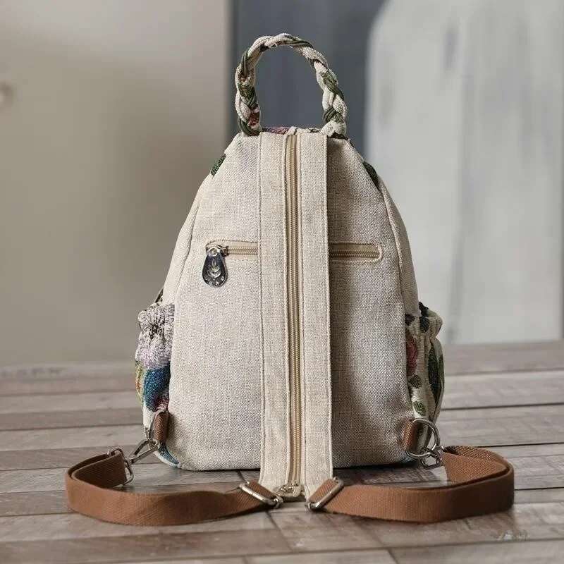Ethnic Style Backpack Hand Woven Double Shoulder Multi Compartment Lightweight Canvas Commuting Multi-Functional Chest Bag 2024