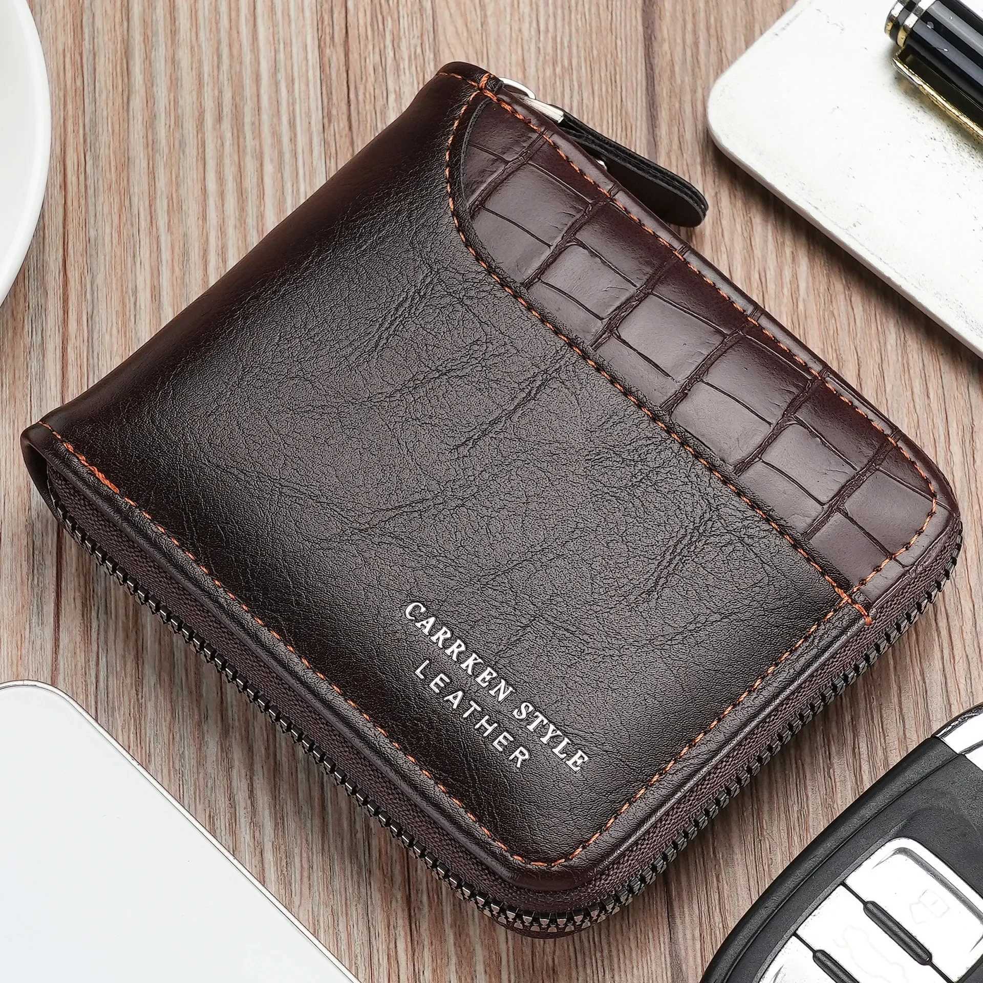 Leather mens wallet mens wallet mens zipper card holder with coin pocket Rfid wallet mens money bag gift Z250411