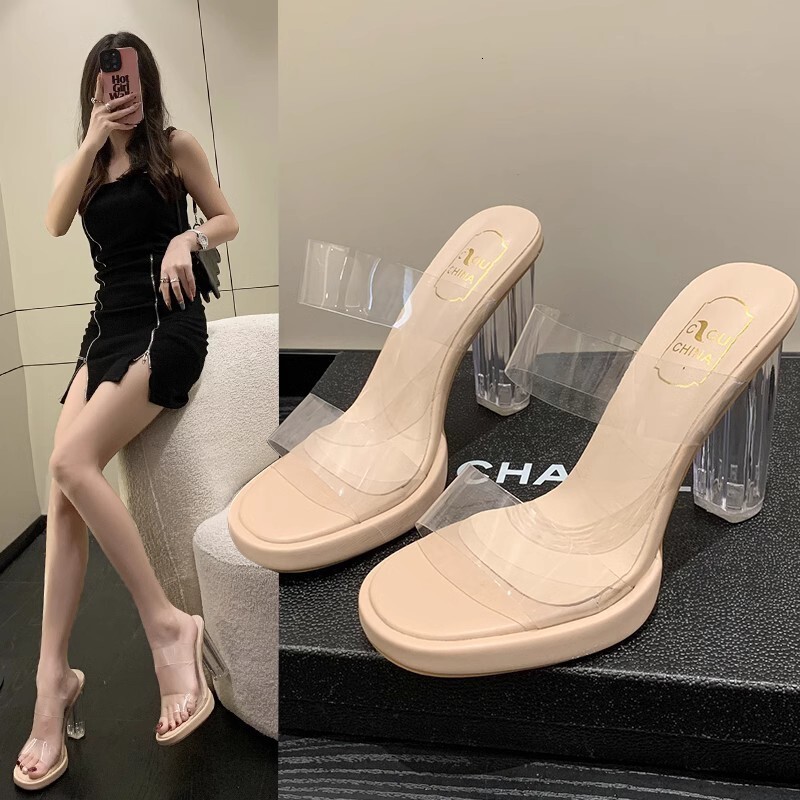 Large transparent crystal high heels in 2025 new internet celebrity rhinestones external wear sandals for women