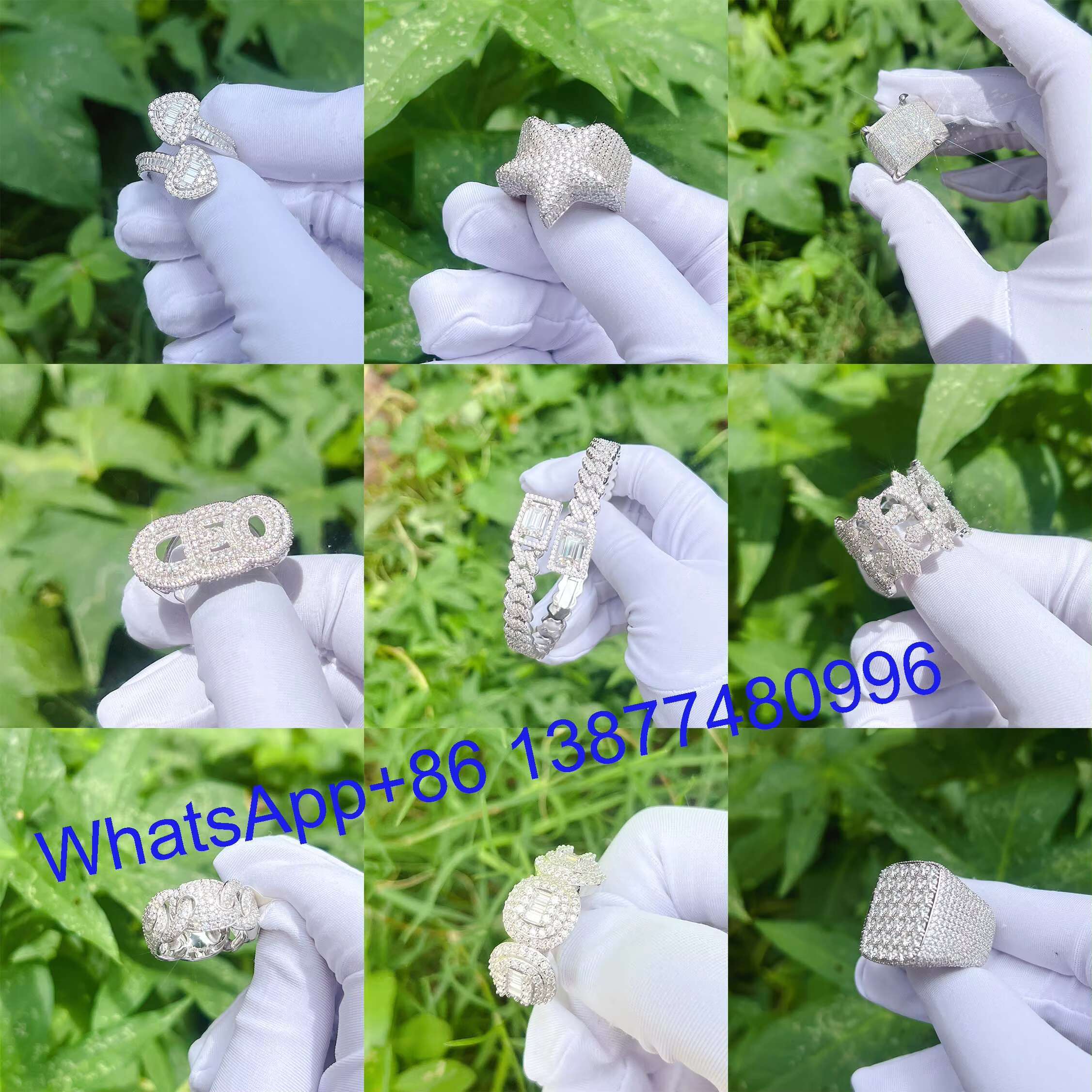 Hip Hop Fine Jewelry Ring Iced Out VVS Baguette Moissanite Diamond Silver or 10K 14K Real Gold Rings