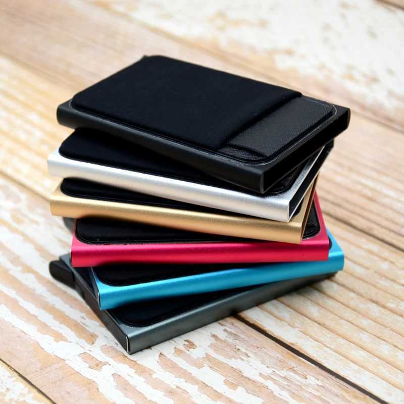 YUECMIE Slim aluminum wallet with elastic back pocket ID card holder mini RFID wallet automatic pop-up bank card shell Z250411