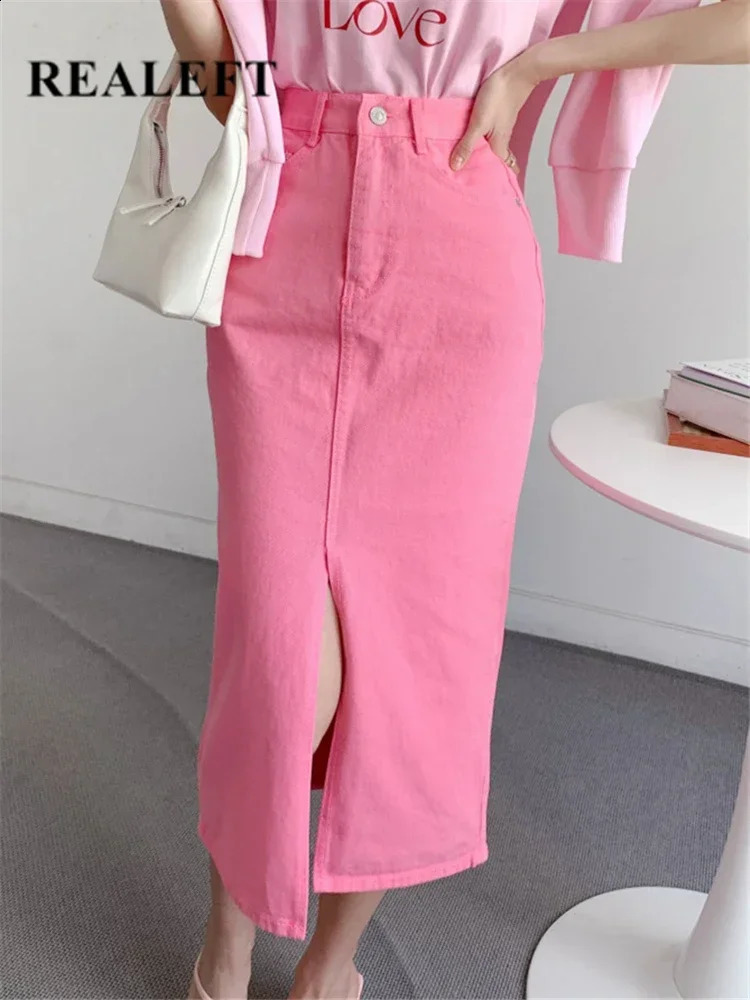 REALEFT Spring Summer High Waist Womens Denim Pencil Skirts Casual Front Split Jeans Pink Wrap Midi Skirts Female 250407