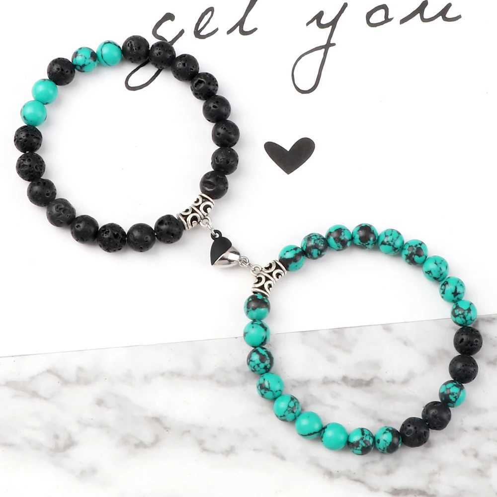 Hot Couple Yin Yang Bracelet Set Men 8mm Natural Stone Heart shape Magnet Love Braclet for Women Friendship Fashion Jewelry GiftC250411