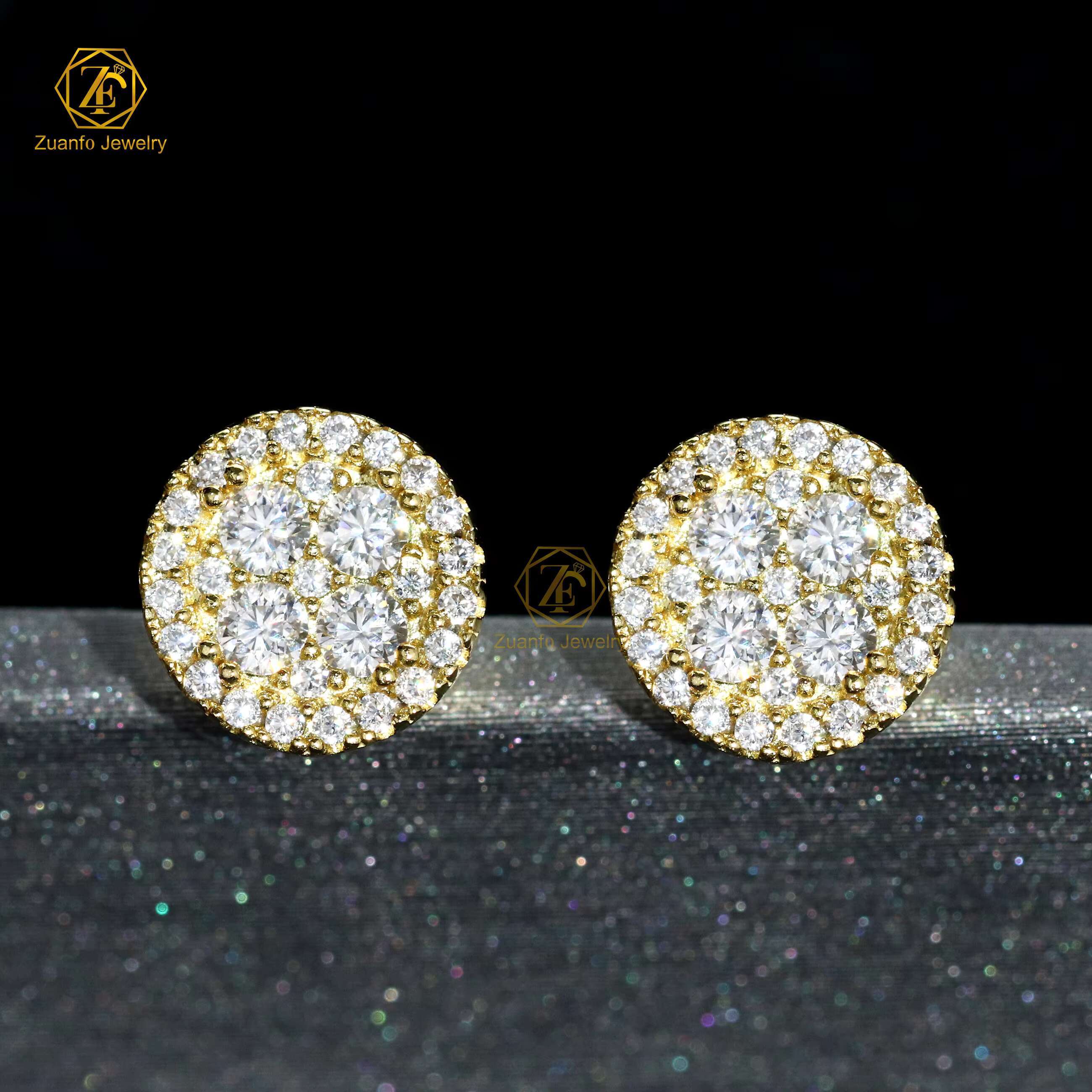 Factory Price Unisex 18K Gold Plated 925 Silver Hiphop Stud Earrings GRA Certified Moissanite Cluster Earrings Screw Back
