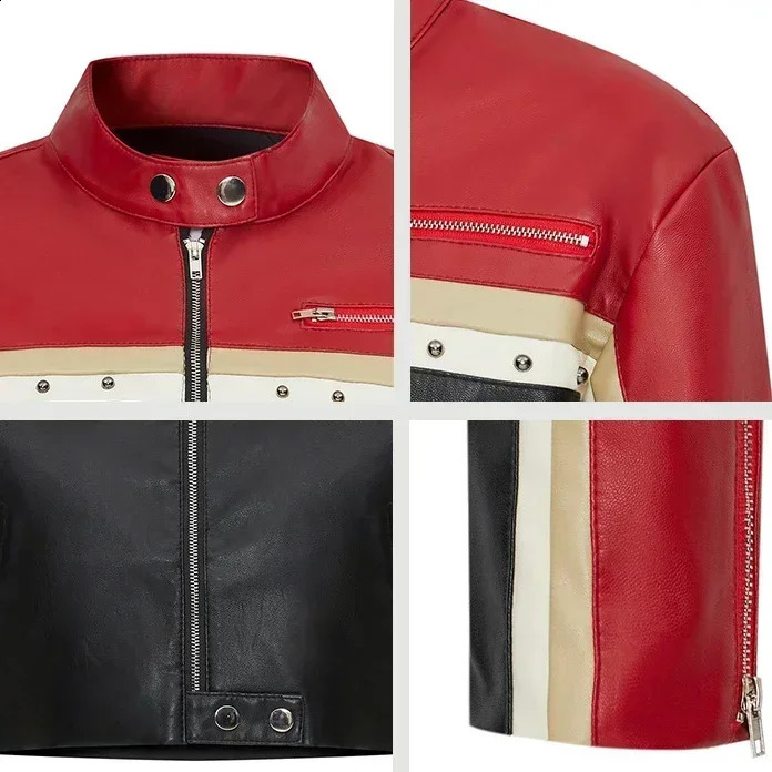SpringAutumn Womens Fashion Punk Bike Core Color Block Zipper Stud Details Crop PU Leather Jacket Y2K Short Coat 250411