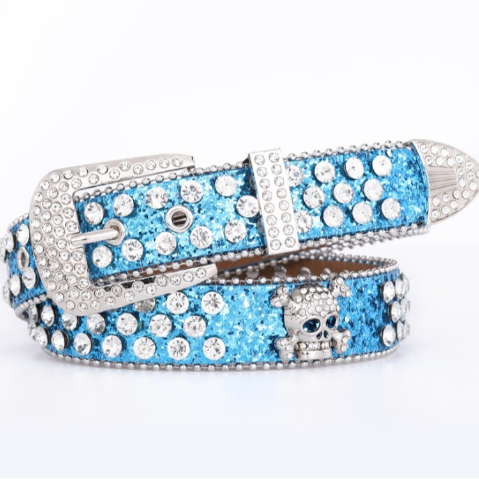 Button head three piece set rhie inlaid belt, versatile decoration for women, skull head, personalized with dia sequins
