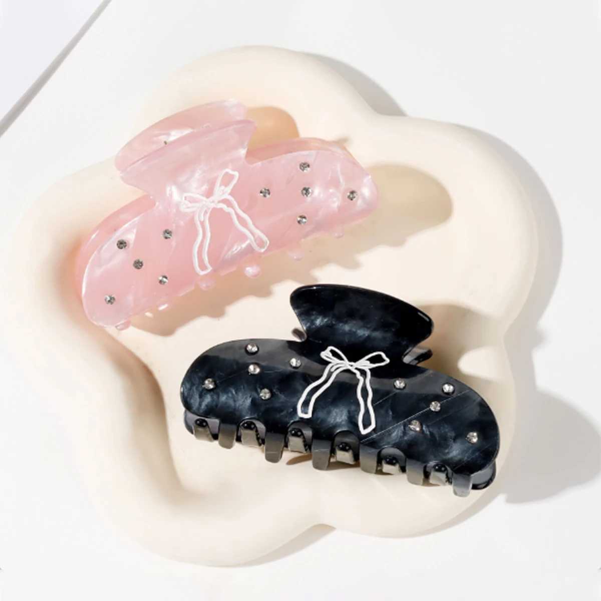 1 piece of French princess style pink and black bow with diamond studs shark clip sweet Updo hair accessories Y2504012