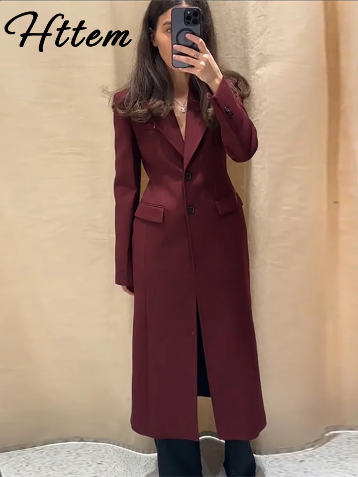 Burgundy Red Long Suit Coat Women Lapel One Button Full Sleeve Pocket Female Blazer 2025 Spring Autumn Lady Office Outwear 250409