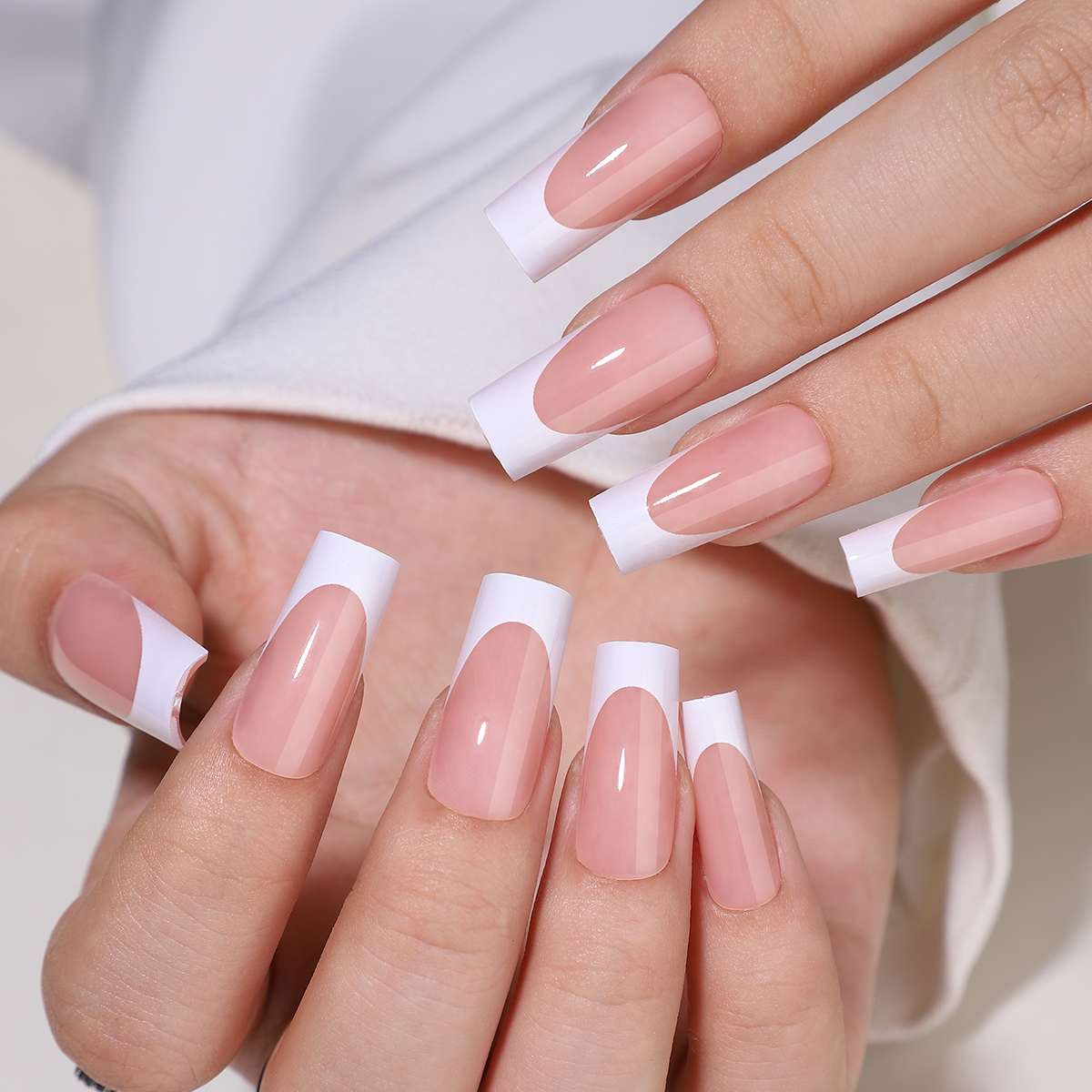 32pcs Square Medium-Length French White Coffin Acrylic Nails - Full Set with Press-On Application