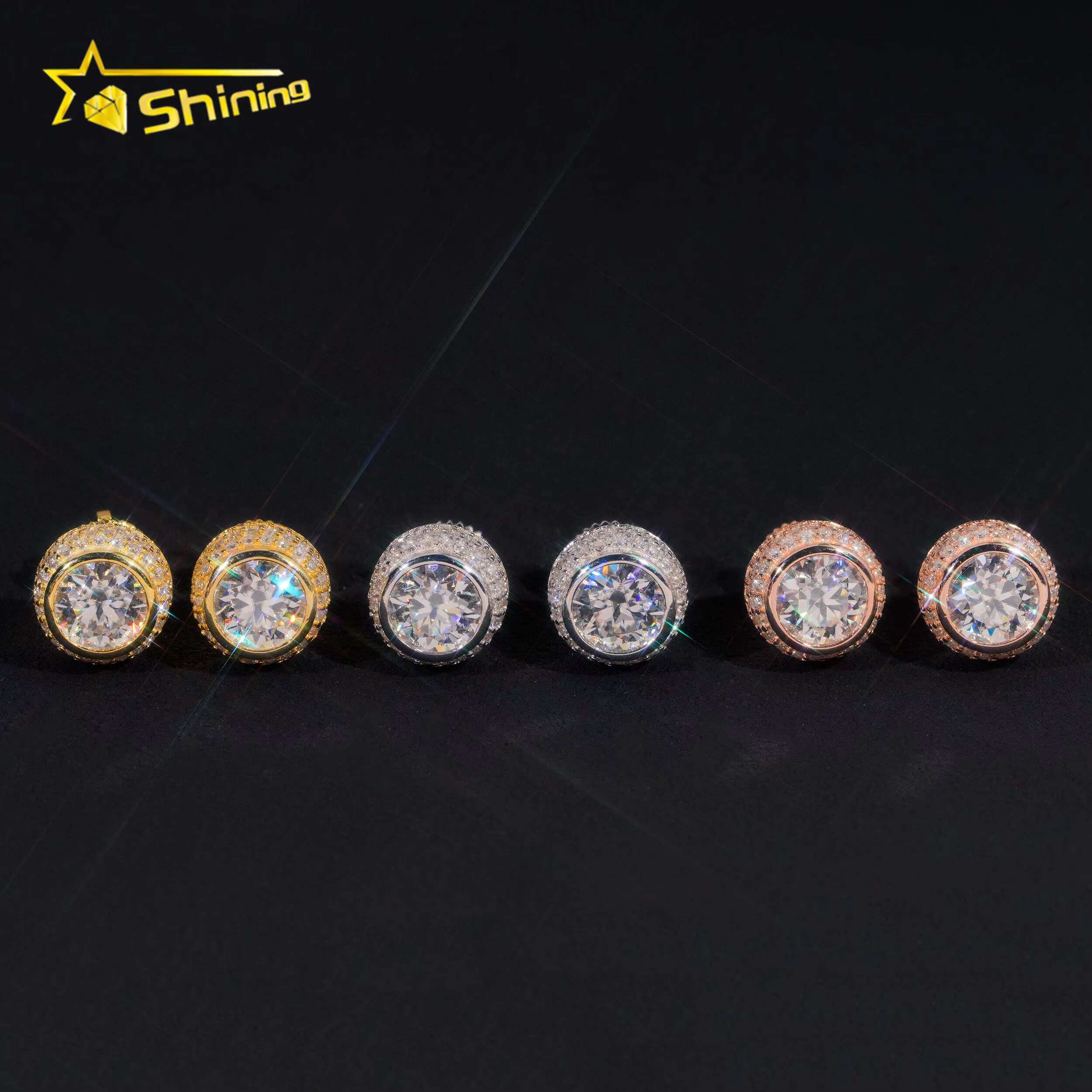 Ready to Ship Men Hip Hop Jewelry 925 Sterling Silver Gold Plated Iced Out Moissanite Men Stud Earrings With GRA