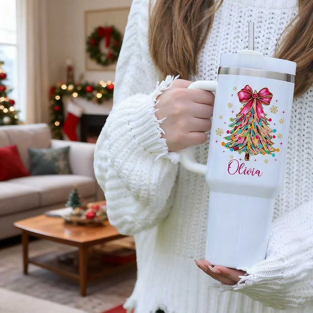 Christmas Christmas Insulated Tumbler Custom Name Faux Glitter Christmas Tree And Bow Trendy Coquette Tumbler Ideal Holiday Gift Y251112
