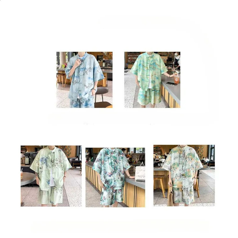 Chinese Style Casual Sets Men Summer Loose Set Short Shirts Shorts Plus Size 5XL Men Fashion Print Tracksuits Mens Clothing 250407