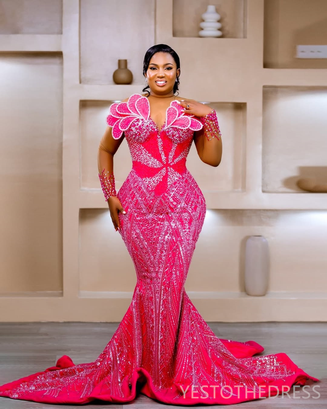 2025 Plus Size Fuchsia Prom Dress Mermaid Prom Dresses Evening Formal Gowns For Special Occasions Sheer Neck Beaded Lace Birthday Second Reception Gow