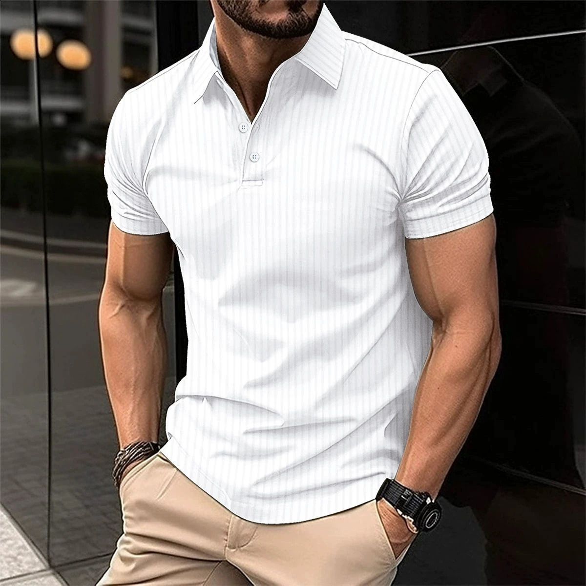 Summer Mens Daily Casual Short sleeved Polo Shirt Fashion Stretch Vertical Bar Sports Button Short sleeved Polo Shirt 250411