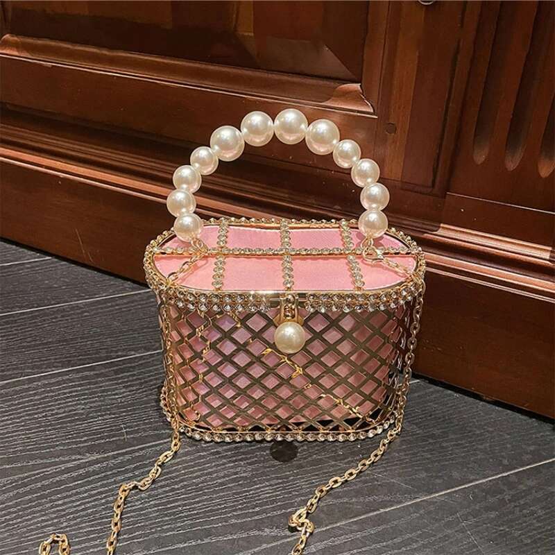 Rhie Chain Crossbody Bucket Metal Flap Pocket Hollow Out Bird Cage Female Banquet Wedding Clutch Basket Bag