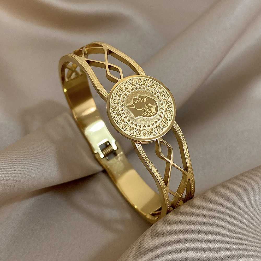 Vintage Coin Gold Plated Stainless Steel Bracelets Irregular Hollow Geometric Wide Cuff Bangle Bracelet Waterproof JewelryC250411