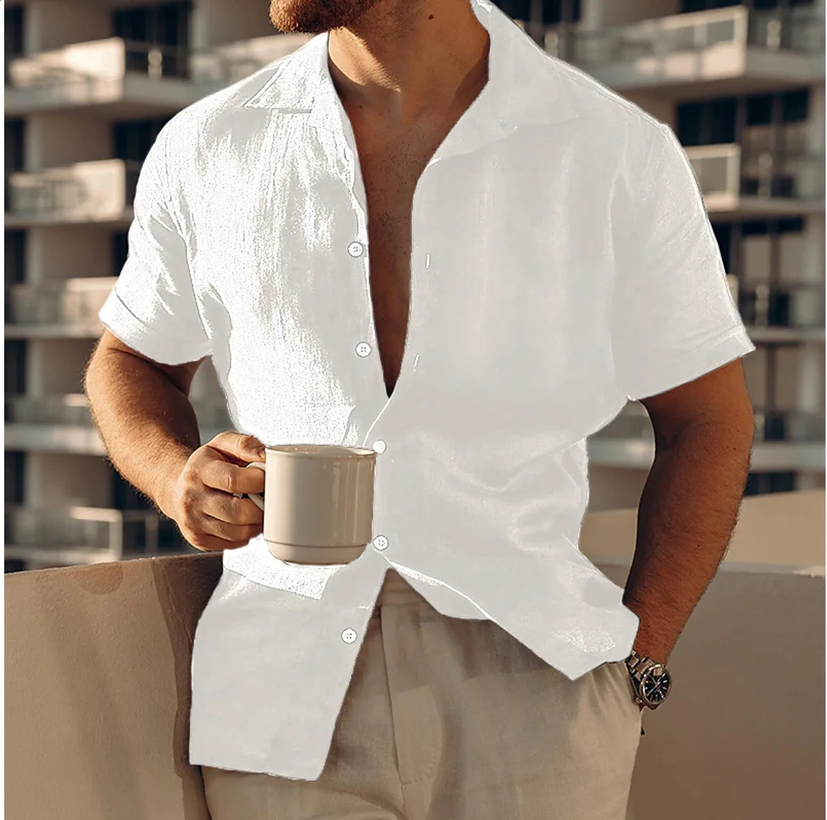 Mens Summer Beach Shirt Short Sleeve Linen Button Solid Color Casual Single-breasted Shirt Plain Color Lapel Casual 250411