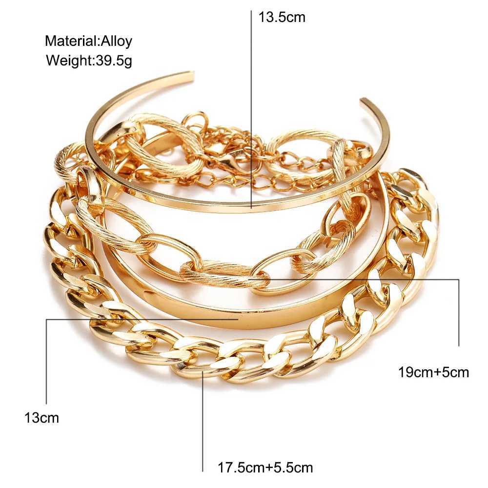 Bohemian Metal Chain Bracelet Set For Women Geometric Gold Color Thick Link Chain Open Bangle Female Fashion JewelryC250411
