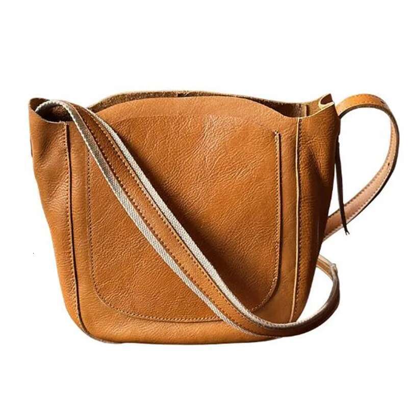 Tanned Cow Leather Crossbody Bag Korea Women Leather Handbag Design Vintage Bucket Phone Shoulder Crossbody Bags