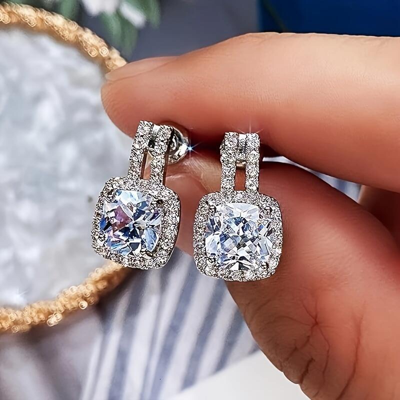 2CT Cushion Moissanite Stud Drop D Color Lab Created Dia Sterg Sier Platinum Plated Square Halo Earrings for Women Birthday Jewelry Gifts