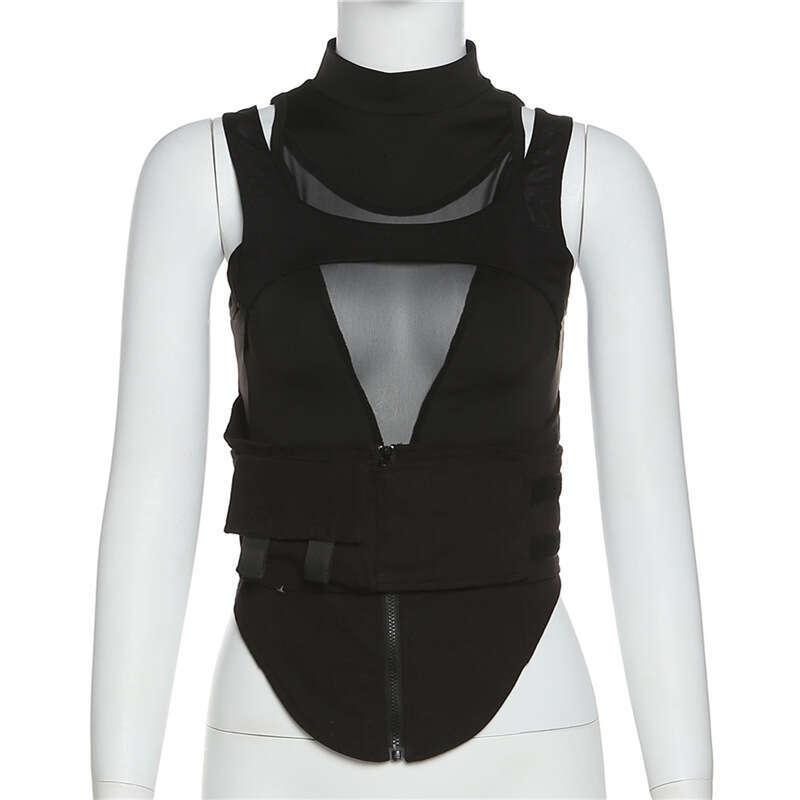 Women's Wear Feng Spring/Summer Women's New Fashion Mesh Splicing Velcro Solid Color Round Neck Waist Tight Top
