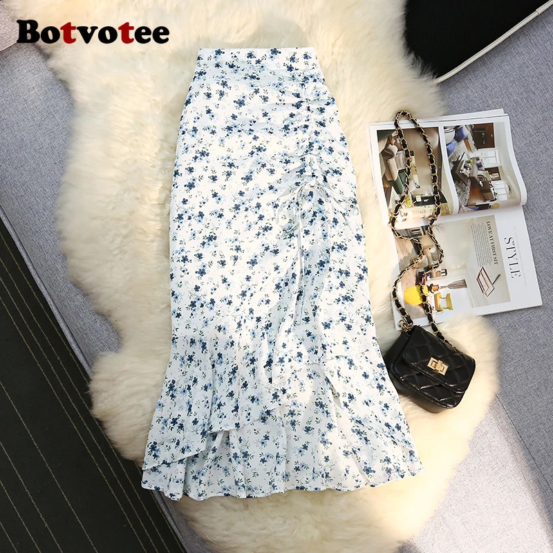 Botvotee Trumpet Chiffon Floral Print Skirts for Women High Waisted Elegant Side Split Ruffles Long Skirt Office Midi Skort 250407
