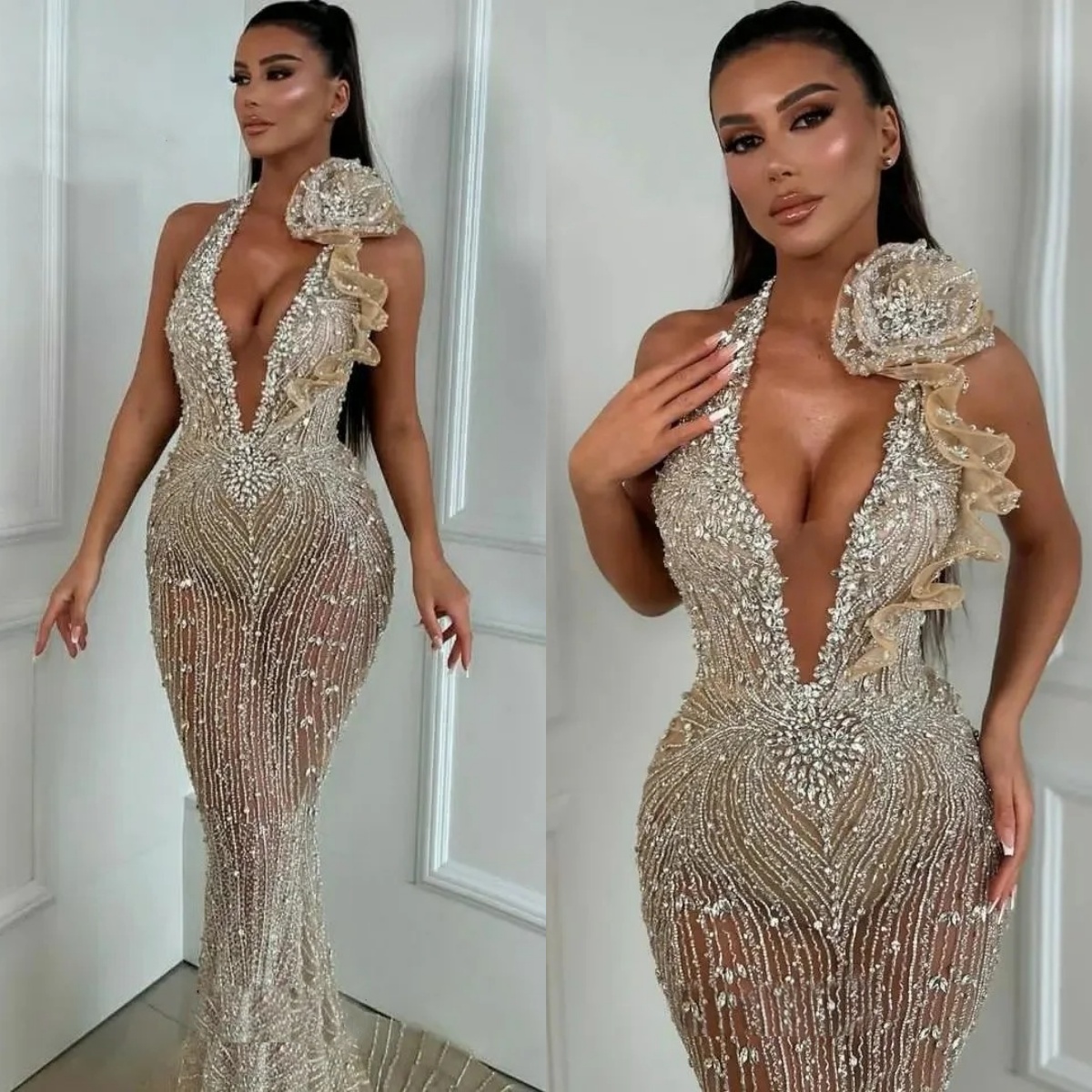Exquisite Evening Dresses Crystal Halter Prom Gowns See Through Beading Illusion Sleeveless Customized Formal Occasion Plus Size Party Dress Vestidos 