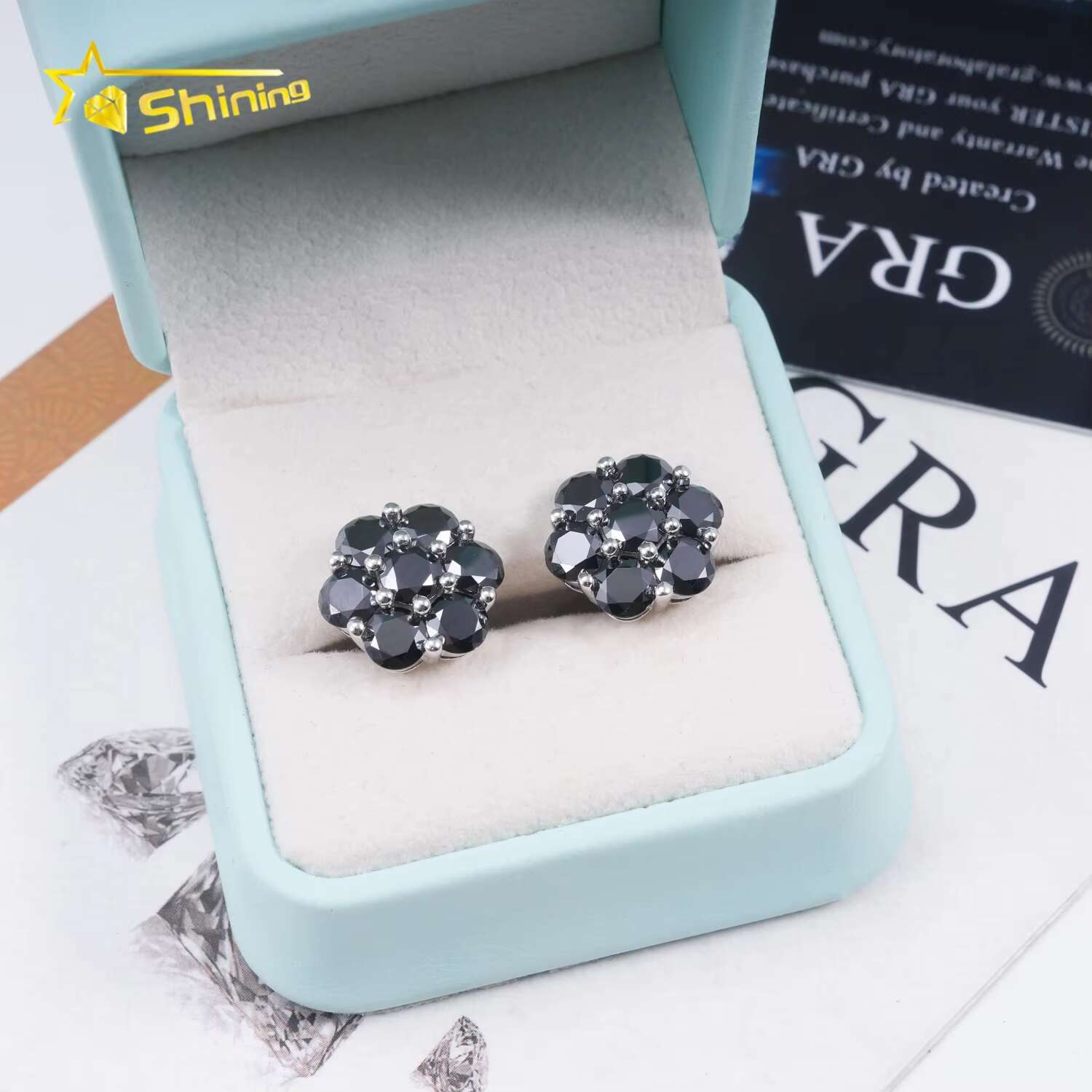 Hot Sale Fine Jewelry Black Diamond Hip Hop Iced Out 925 Sterling Silver Flower Moissanite Earrings
