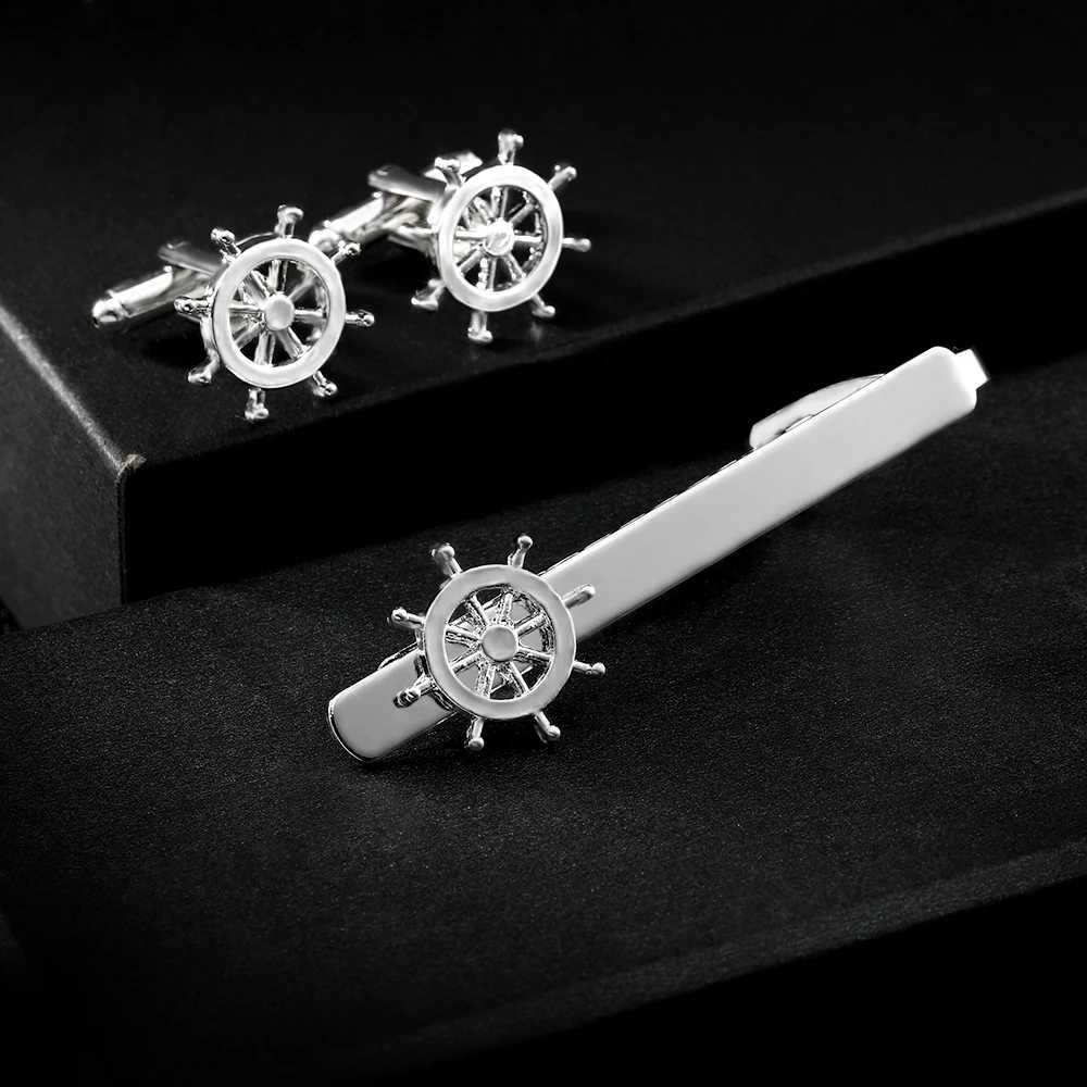 Ship folding cufflinks and tie clip set steering direction cufflinks mens jewelry accessories holiday giftsT250412