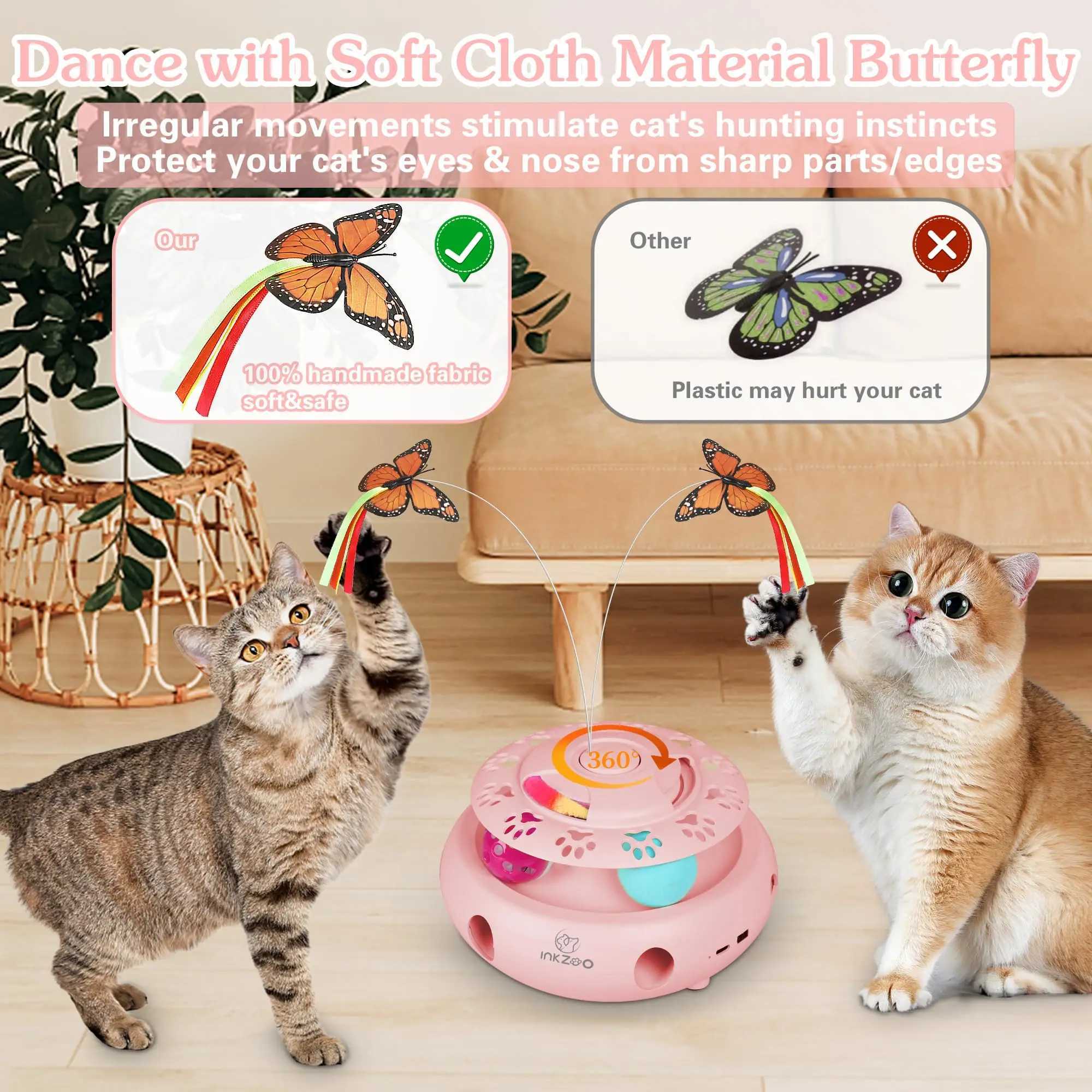INKZOO 4-in-1 interactive cat toy suitable for indoor cats automatic 6-hole mouse impact on moles vibrating butterflies trackballs USB Y250412