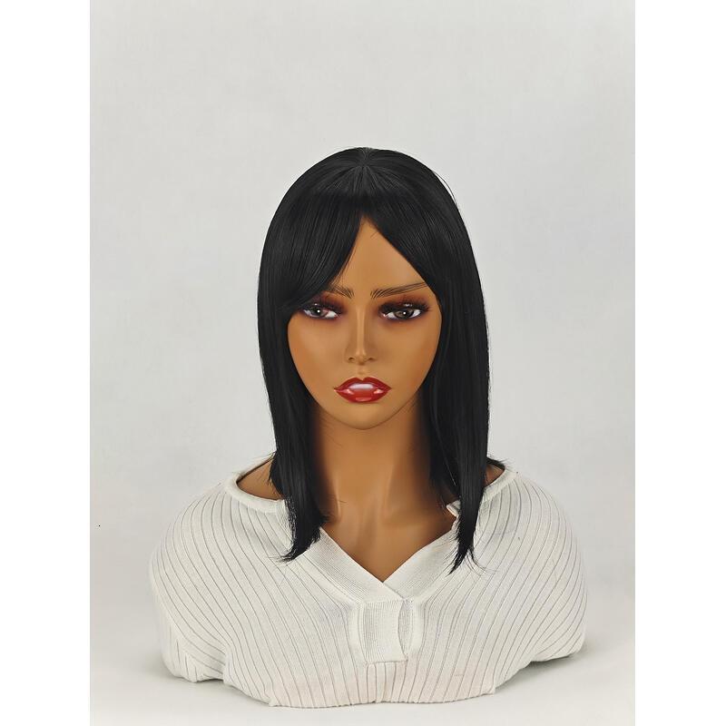 Shoulder-Length Layered With Bangs -14 Inch Peek-a-boo Color Black Mix Brown Mid-Length Wavy For Natural black Women, Heat Resistant Synthetic Hair Re
