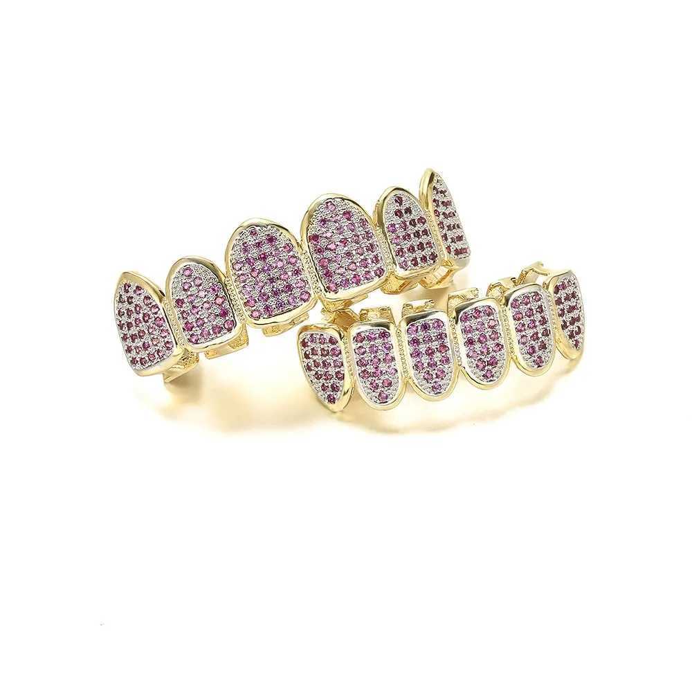 Hiphop Iced Out Rose Red 5A Zirconia Teeth Grillz for Neutral Rap Singer Mouth Gold Silver Cube Zirconia Teeth Grills 6/6 Top Bottom W250412