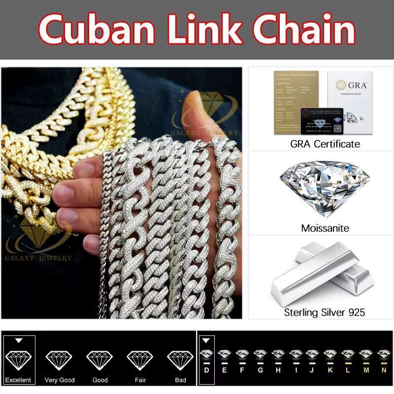In Stock 2Rows Iced Out S925 Sterling Vvs Moissanite Rhodium/Yellow Gold/Rose Gold Cuban Link Chain 10mm Miami Cuban Chain