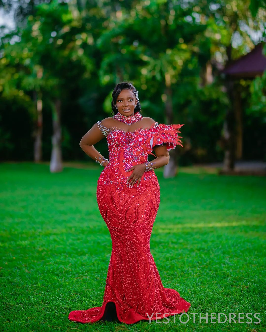 2025 Plus Size Red Prom Dress Mermaid Prom Dresses Evening Formal Gowns For Special Occasions High Neck Beaded Lace Birthday Second Reception Gowns AM