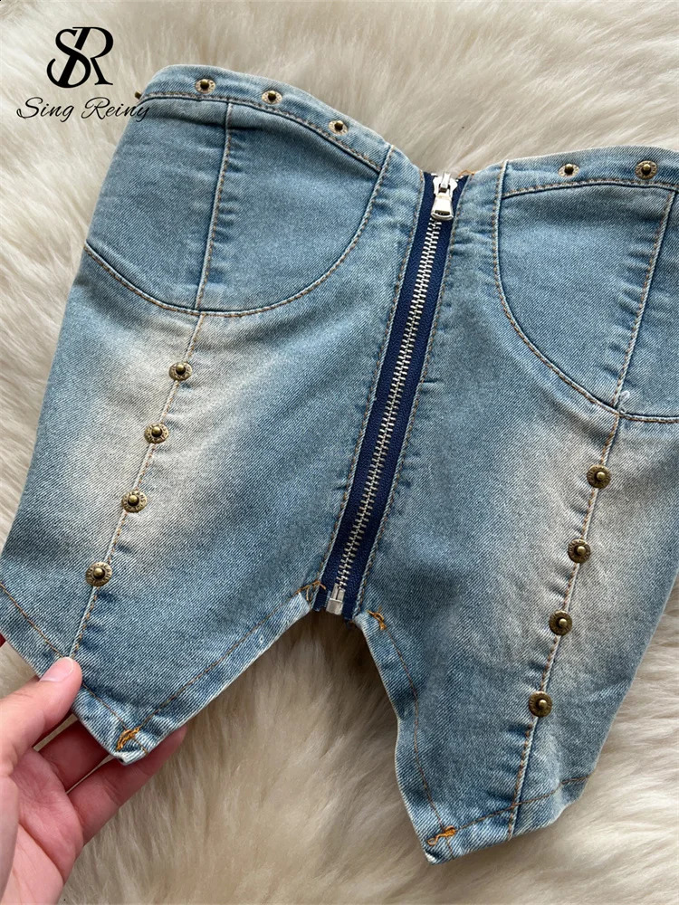 SINGREINY American Retro sweet Sets Women Zipper Rivet Skinny TopHigh Waist Split Bodycon Skirt Streetwear Denim 2pcs Suits 250411