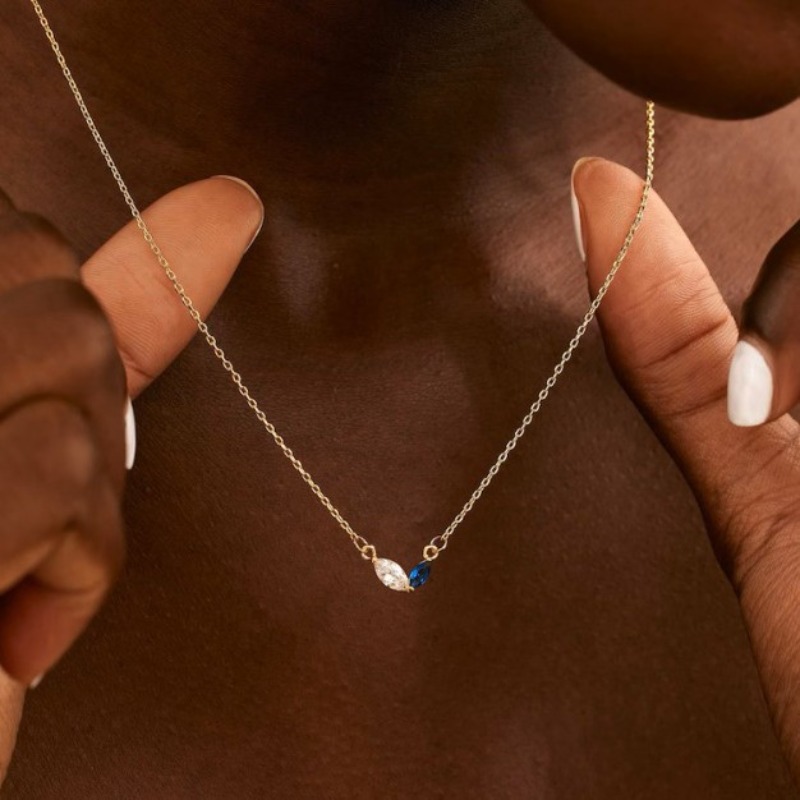 Custom Gold Plated Marquise Birthstone Necklace Simple Multi-Color Zircon Link Chain for Anniversary Birthday Mother's Day Gift