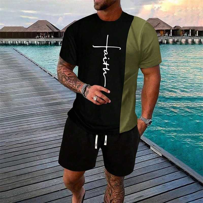 Simple cross print summer casual short sleeved set T-shirt color round neck short sleeved mens 2-piece setXJ250412