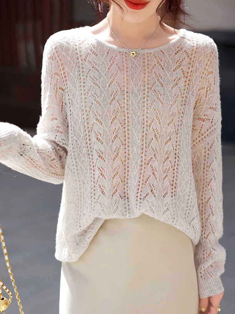 Spring Summer Ladies Hollowed Out Knit Pullover Fashion Loose O-neck Women Silk Cashmere Sweater High End Soft Knitwears Tops 250411