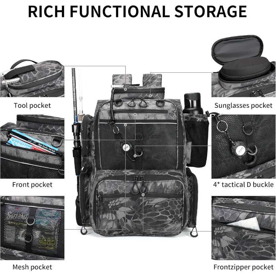 Rabjen Fishing Tackle Backpack with Rod Holders Bottle Holder Storage Bag Store Fishing Gear Z250411