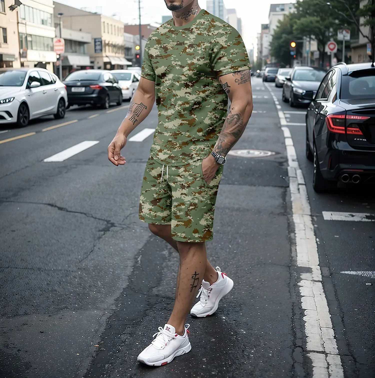 2024 New Summer Mens Two piece 3D Short sleeved Shorts Set for Running Leisure Camouflage Outdoor Travel Set for Mens ClothingXJ250412