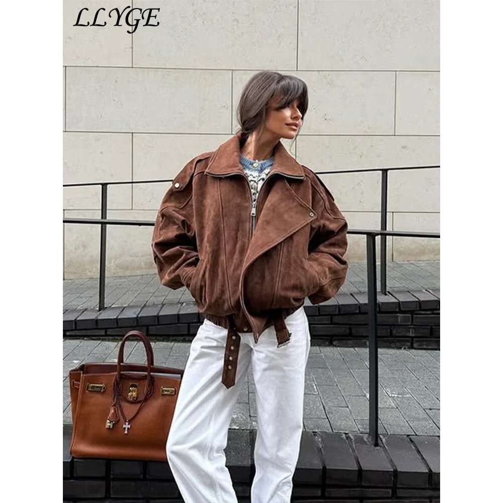 Designer Clothes Street Women's Belt Short Suede Jackets Loose Lapel Full Sleeve Zipper Female Coats 2025 Spring Lady Vintage Patchwork Outwear