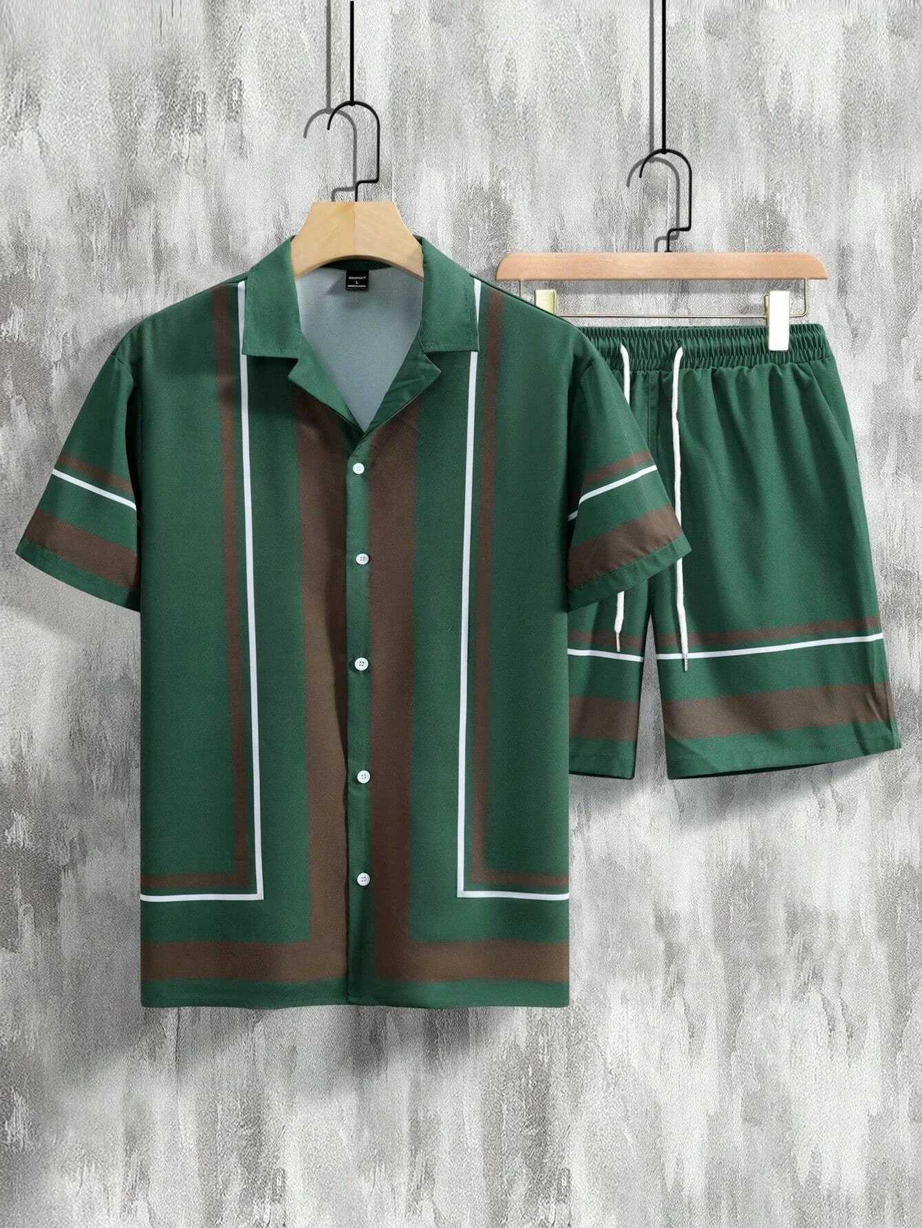 Summer mens shirt set retro simple striped beach short sleeved casual collar shirt oversized beach shorts Hawaiian suit clothingXJ250412