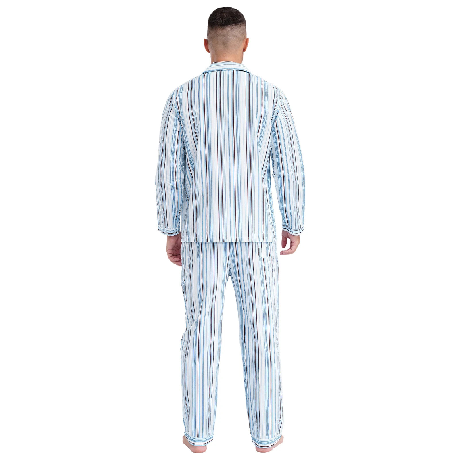Mens cotton soft striped pajama set casual wear long sleeved button down sweater and pants set 250411