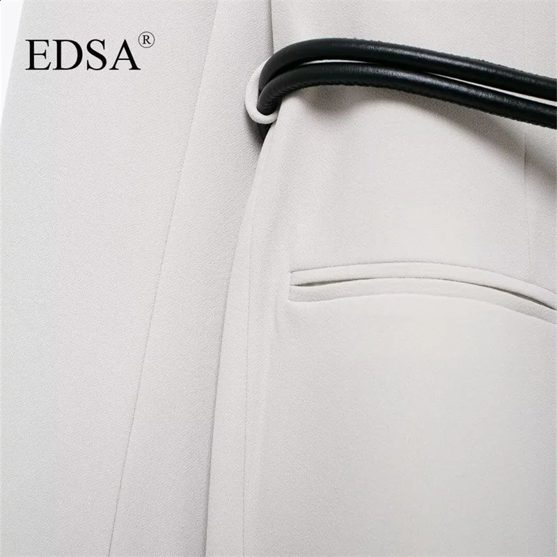 EDSA Womens Belt Jacket Long Sleeve Shoulder Pads Vneck Office Coat 250407