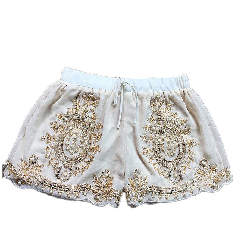 Sidaimi Women Summer Chiffon Shorts Floral Beading Wide Leg Shorts Sequined Bling Vocation Shorts Capris Female 250411